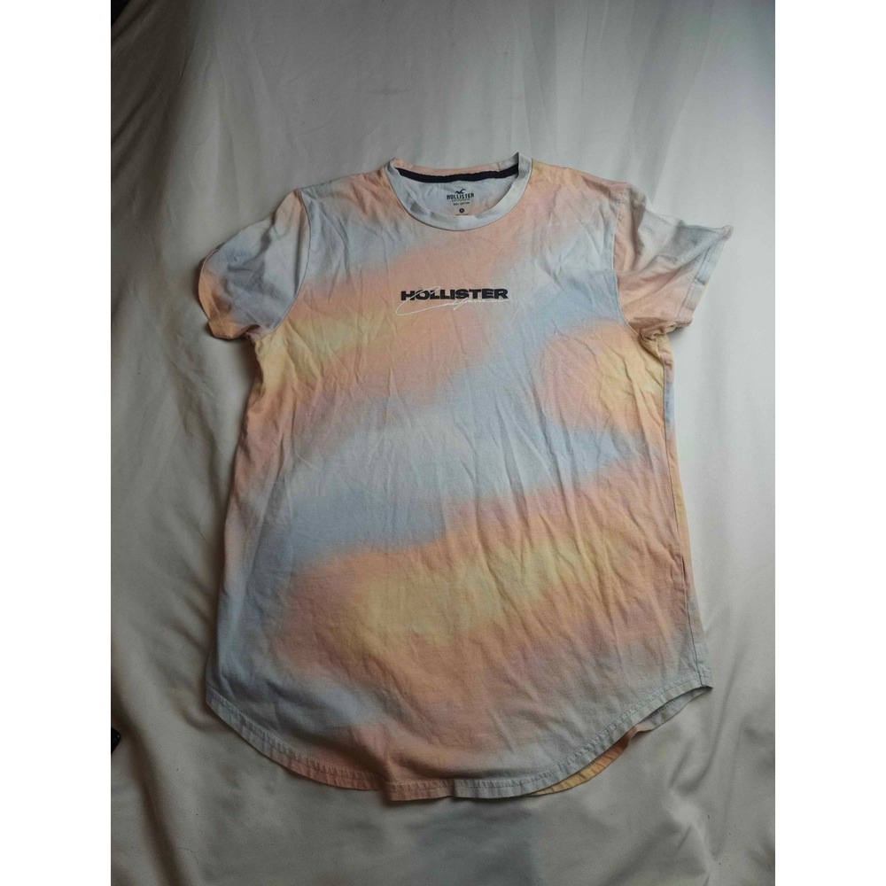 Hollister Mens Pastel Tie Dye Logo T-Shirt Medium Orange Blue Curved Hem